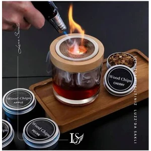 Kokteyl & Viski Tütsüleme Set. 4 Farklı Tat. Doğal ithal Ahşap Tütsü & Torch Alev Çakmak Hediyeli