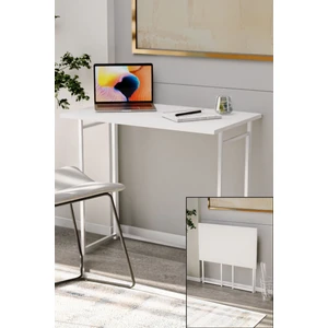 75X50 Katlanır Masa - Aç Kapat Masa - Yer Kaplamayan Çalışma Masası | Beyaz Metal Ayak | Beyaz Üst
