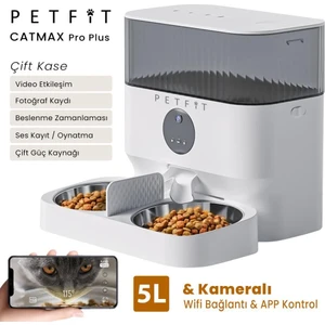 Catmax Pro Plus 5l Wi-Fi Kameralı Çift Kase Akıllı Otomatik Kedi Köpek Mama Kabı Besleme Ünitesi (Sesli Komut+Çelik Kase+App Kontrol)