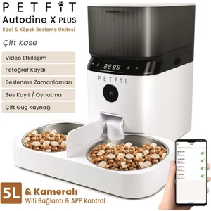 Autodine x Plus 5l Wi-Fi Kameralı Çift Kase Akıllı Otomatik Kedi Köpek Mama Kabı Besleme Ünitesi (Sesli Komut+Çelik Kase+App Kontrol)