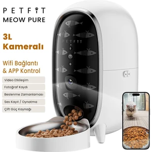 Meow Pure 3l Wi-Fi Kameralı Akıllı Otomatik Kedi Köpek Mama Kabı Besleme Ünitesi (Sesli Komut+Çelik Kase+App Kontrol)