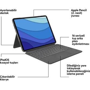 Combo Touch 12.9" iPad Pro 5. ve 6. Nesil ile Uyumlu Çok Yönlü Türkçe Klavyeli Kılıf - Gri
