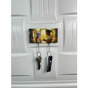 Büyülü Bahçede Aşk Temalı El Yapımı Ahşap Anahtarlık – Fantastik Çift Figürlü Askılık