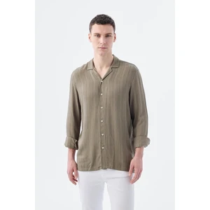 Haki Klasik Fit Apaş Yaka Çizgili %100 Pamuk Bohem Gömlek