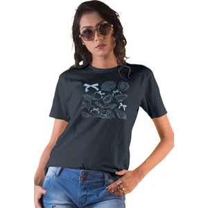 Qoeuyl Boutique Deniz Kabukları Kurdele Baskılıyaz Temalı Unisex Regular Fit Pamuklu Siyah Tişört