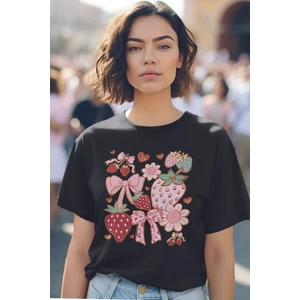 Qoeuyl Boutique Çilek ve Kurdele No:2 Baskılıyaz Temalı Unisex Regular Fit Pamuklu Siyah Tişört