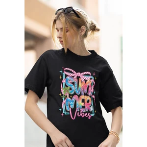Qoeuyl Boutique Coquette Summer Vibes Baskılı Yaz Temalı Unisex Regular Fit Pamuklu Siyah Tişört