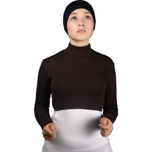 Uzun Kol Balıkçı Yaka Boğazlı Likralı Penye Kadın Yarım Body - Koyu Kahverengi