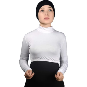 Uzun Kol Balıkçı Yaka Boğazlı Likralı Penye Kadın Yarım Body - Beyaz