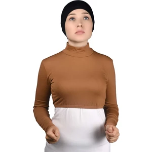 Uzun Kol Balıkçı Yaka Boğazlı Likralı Penye Kadın Yarım Body - Taba