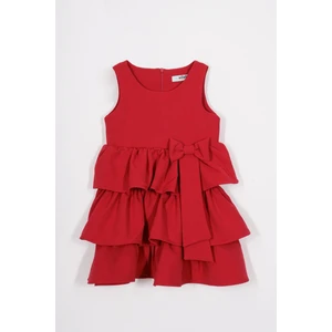 Bisiklet Yaka Kurdele Detaylı Eteği Fırfırlı Sıfır Kol Kırmızı Renk Kız Çocuk Elbise