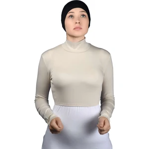 Uzun Kol Balıkçı Yaka Boğazlı Likralı Penye Kadın Yarım Body - Krem