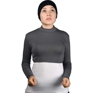 Uzun Kol Balıkçı Yaka Boğazlı Likralı Penye Kadın Yarım Body - Füme