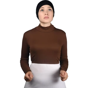 Uzun Kol Balıkçı Yaka Boğazlı Likralı Penye Kadın Yarım Body - Çikolata