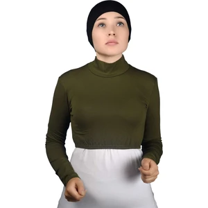 Uzun Kol Balıkçı Yaka Boğazlı Likralı Penye Kadın Yarım Body - Haki