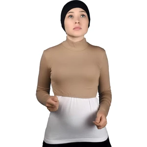 Uzun Kol Balıkçı Yaka Boğazlı Likralı Penye Kadın Yarım Body - Koyu Bej