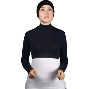 Uzun Kol Balıkçı Yaka Boğazlı Likralı Penye Kadın Yarım Body - Lacivert