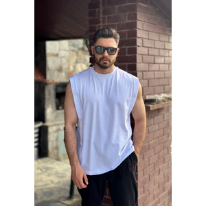 Erkek Beyaz Basketci Sıfır Kol Bisiklet Yaka Oversıze Kolsuz Kejıl T-Shirt