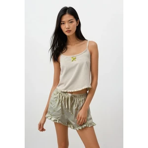 Kadın Yeşil Fiyonk Desenli Ip Askılı Üst Şort Pijama Takımı