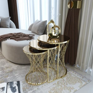 Puk Life Hasır 3lü Zigon Sehpa Gold Renk Metal Ayak Bronz Ayna 50 cm Yuvarlak Tasarım