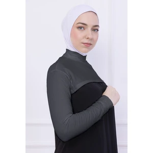 Balıkçı Yaka Boyunluklu Kolluk Gri - Likralı Dik Yakalı Kadın Body Tesettür Crop Bolero