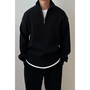 Siyah Erkek Oversize Fermuarlı Balıkçı Triko Kazak