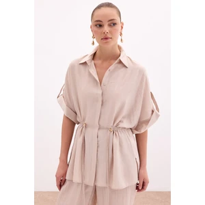 Bel Büzgü Detaylı Gömlek - Bej