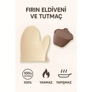 Silikon Krem Fırın Eldiveni ve Fırın Tencere Tava Tutmacı Vak Vak