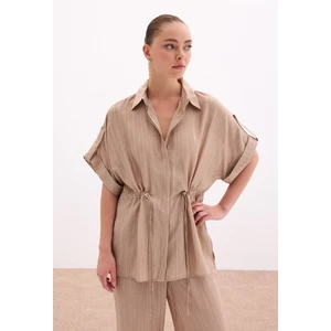 Bel Büzgü Detaylı Gömlek - Camel