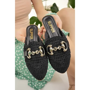 Kadın Siyah Tokalı Terlik Önü Kapalı Örgü Dantel Triko Örme Taş Toka Detaylı Şık Yazlık Ev Plaj Tatil Terliği