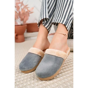 Kışlık Ev Terliği Gri Peluş Yünlü Kadın Terlik Misafir Çeyiz Bohça Gelin Terliği