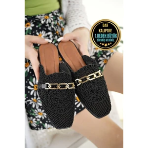 Kadın Önü Kapalı Hasır Terlik Siyah Dantel Örme Zincirli Çeyiz Günlük Terliği