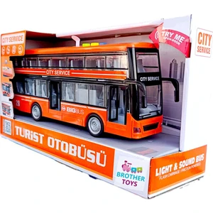 Brother Toys Turist Gezi Otobüsü Iki Katlı Ön ve Orta Kapısı Açılabilen Sesli Işıklı Oyuncak Şehir Otobüs 27 cm