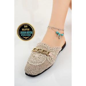 Kadın Önü Kapalı Hasır Terlik Bej Dantel Örme Nakışlı Çeyiz Günlük Terliği