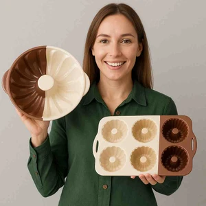 Ikili Silikon Kek Kalıbı Seti - Yuvarlak Kek Kalıbı ve 6 Lı Tepsi Muffin Kalıp Çikolata Rengi