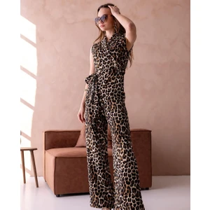 Kruvaze Yaka  Kuşaklı  Leopar Desenli Palazzo  Tulum