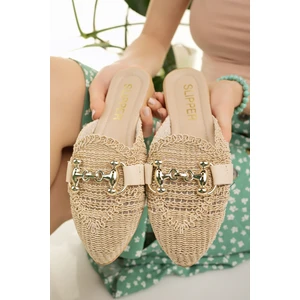 Kadın Hasır Terlik Bej Önü Kapalı Örgü Dantel Triko Örme Taş Toka Detaylı Şık Yazlık Ev Plaj Tatil Terliği