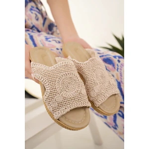 Kadın Hasır Terlik Bej Örgü Dantel Triko Nakış Detaylı Şık Yeni Sezon Yazlık Ev Plaj Tatil Terliği