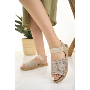 Kadın Hasır Sandalet Bej Örgü Dantel Triko Nakış Işlemeli Yeni Sezon Yazlık Ev Plaj Tatil Sandalet