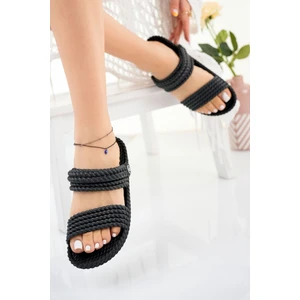 Kadın Siyah Hasır Örgü Sandalet Terlik Yıkanabilir Kaydırmaz Masaj Taban Deniz Plaj Günlük Sandalet Terlik