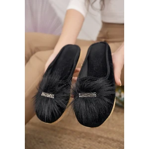 Siyah Kadın Tüylü Ev Terliği Kışlık Kapalı Yumuşak Rahat Taşlı Terlik Doğum Çeyiz Misafir Terliği