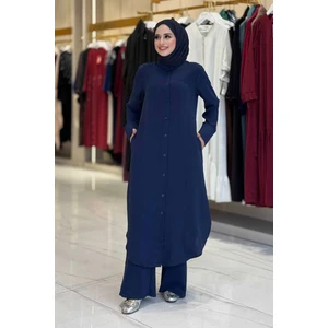 Düğmeli Cepli Tunik ve Pantolon Ikili Takım 8682 Lacivert