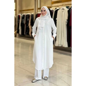 Düğmeli Cepli Tunik ve Pantolon Ikili Takım 8682 Ekru