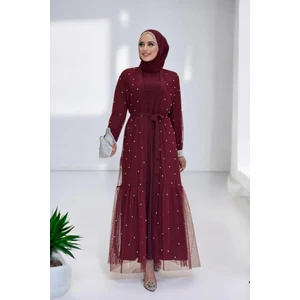 Incili Abaya ve Elbise Takım 8491 Bordo