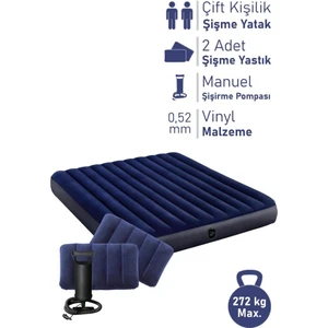 64765 Çift Kişilik Şişme Yatak 152X203X25 cm Pompa Dahil 2 Adet Yastık Set
