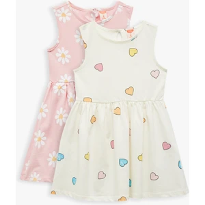 Kalp ve Çiçek Desenli Pamuklu Bisiklet Yaka 2'li Elbise Seti