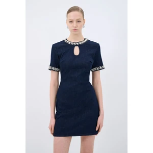 Taş Detaylı Mini Denim Elbise