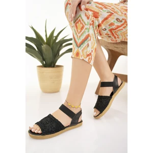Kadın Hasır Sandalet Siyah Örgü Dantel Triko Nakış Işlemeli Yeni Sezon Yazlık Ev Plaj Tatil Sandalet