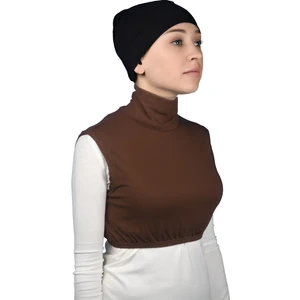 Sıfır Kol Balıkçı Yaka Tam Boğazlı Likralı Penye Kadın Yarım Body - Çikolata