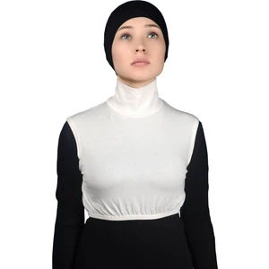 Sıfır Kol Balıkçı Yaka Tam Boğazlı Likralı Penye Kadın Yarım Body - Ekru